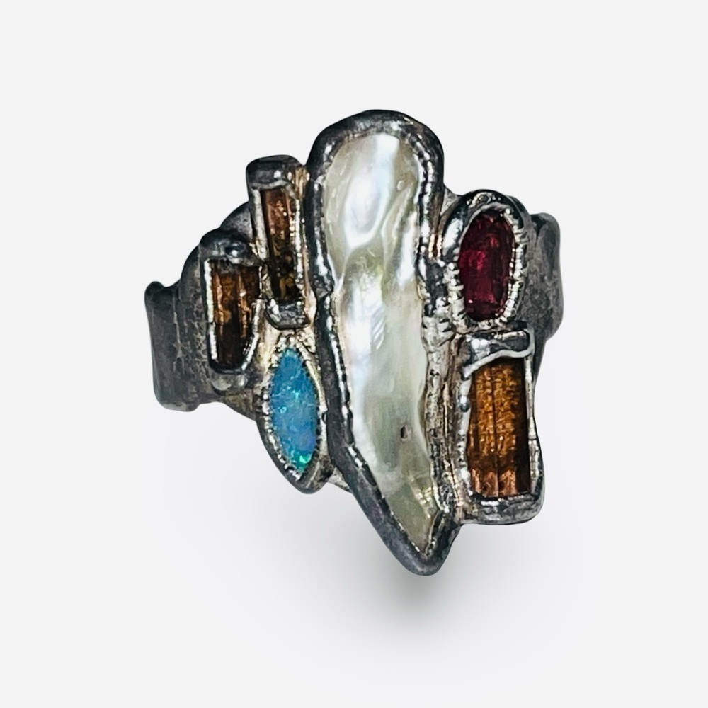 Vintage C + R 99% Pure Silver Garnet Pearl Opal Pink Tourmaline Ring Size 10 - Picture 3 of 9